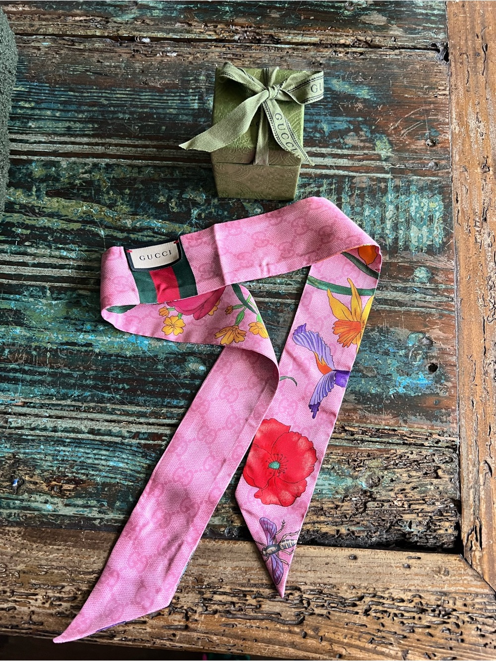 Gucci Pink Floral Silk Twilly Ribbon Scarf